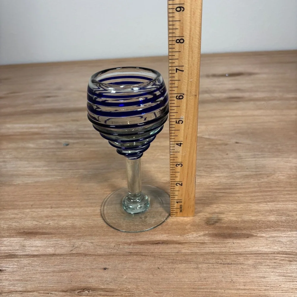 Hand Blown Cobalt Blue Spiral Wrap Cordial Glass Clear Stem Art Glass Barware